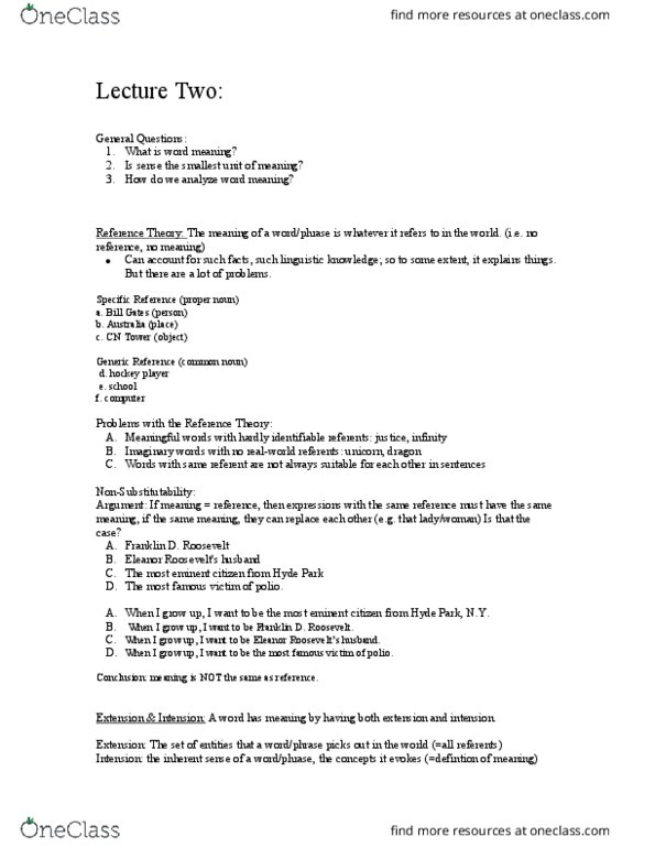 LING 3P94 Lecture Notes - Lecture 2: Lexical Semantics, Componential Analysis, Phoneme thumbnail
