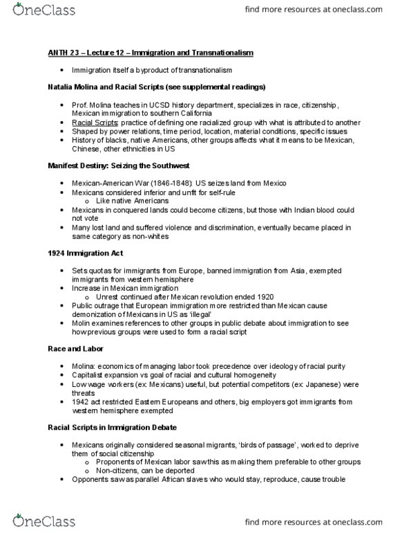 ANTH 23 Lecture Notes - Lecture 12: Acculturation, Nationstates, Immigration Act Of 1924 thumbnail