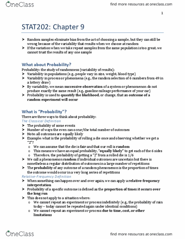 STAT202 Lecture Notes - Lecture 9: Null Set, Mutual Exclusivity, Sample Space thumbnail