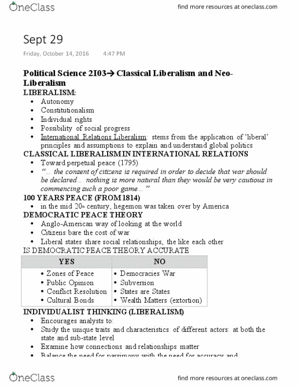 POLSCI 2I03 Lecture Notes - Lecture 4: Cobweb Model, Perpetual Peace, Classical Liberalism thumbnail