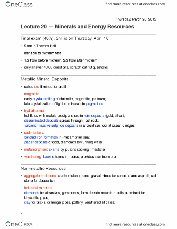 Earth Sciences 1022A/B Lecture Notes - Lecture 20: Gypsum, Calcite, Kimberlite thumbnail