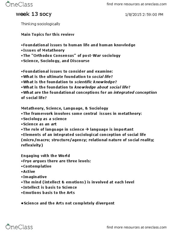 SOCY 122 Lecture Notes - Lecture 13: Talcott Parsons, Episteme, Michel Foucault thumbnail