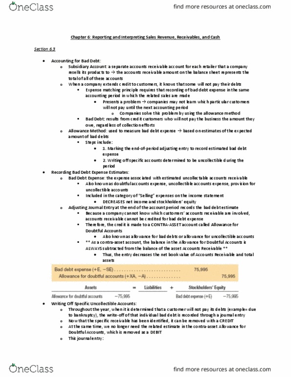 ACCT20100 Chapter Notes - Chapter 6: Income Statement, Accounts Receivable, Matching Principle thumbnail