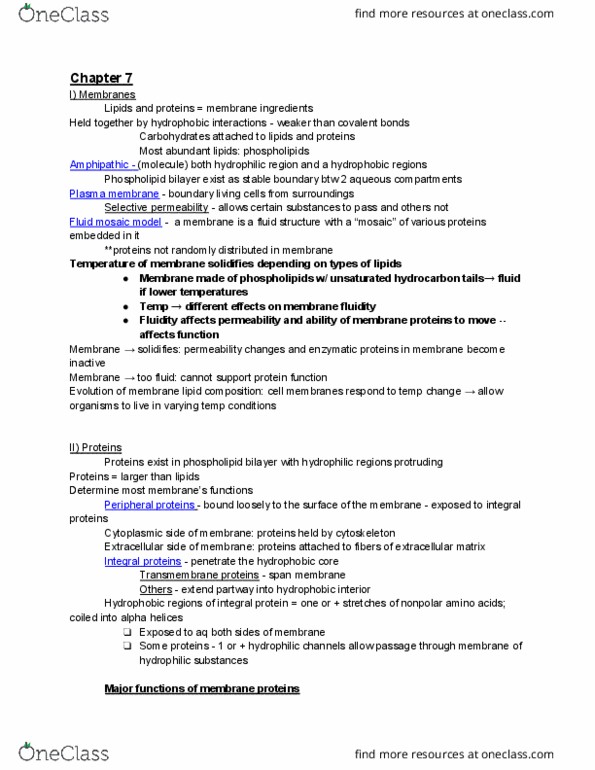 BIO 122 Chapter Notes - Chapter 7: Electrochemical Gradient, Biological Membrane, Facilitated Diffusion thumbnail