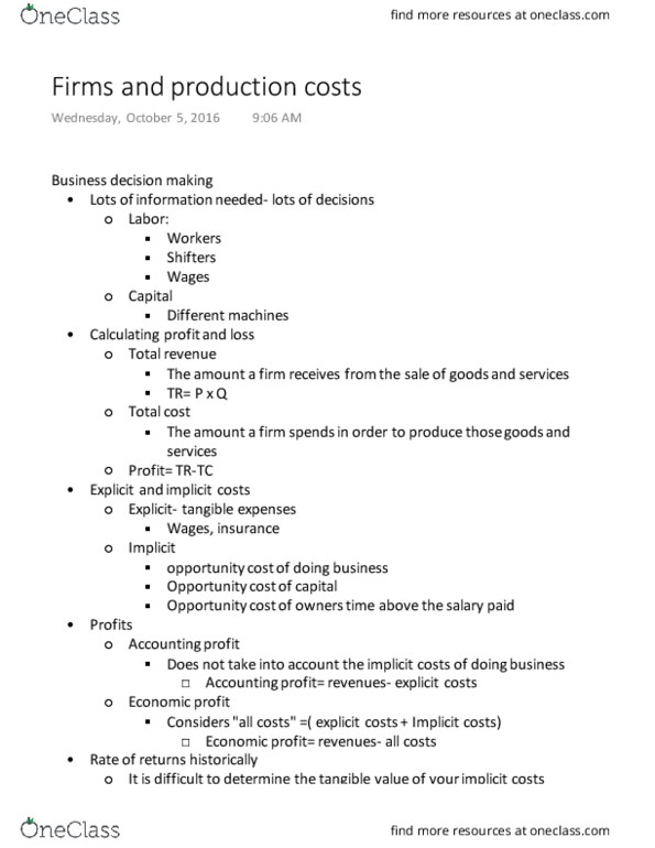 ECON-2000 Chapter Notes - Chapter 8: Marginal Product, Average Cost, Marginal Cost thumbnail