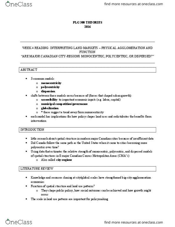 PLG 300 Chapter Notes - Chapter week 4 reading: Canadian Studies, Growth Management, Spatial Planning thumbnail