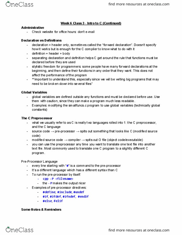 CISC 220 Lecture Notes - Lecture 21: C Preprocessor, Global Variable thumbnail