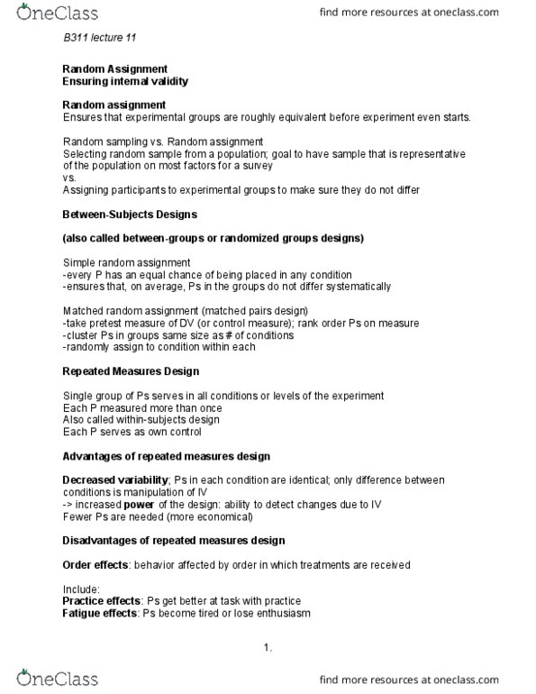 PSY-B - Psychology PSY-B 311 Lecture Notes - Lecture 11: Demand Characteristics, Repeated Measures Design, Random Assignment thumbnail