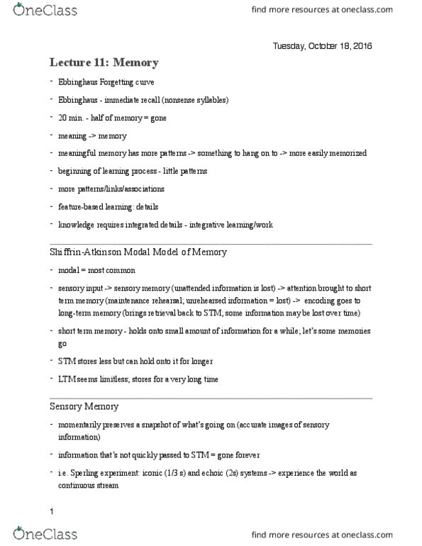 PSY100H1 Lecture Notes - Lecture 11: Sketchpad, Encoding Specificity Principle, Temporal Lobe thumbnail