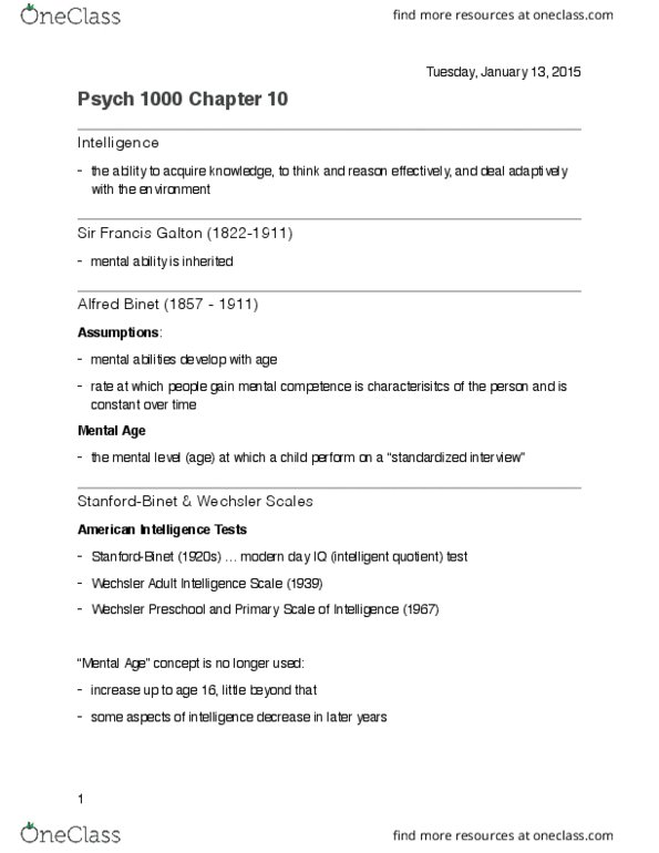 Psychology 1000 Chapter Notes - Chapter 10: Criterion Validity, Theory Of Multiple Intelligences, Construct Validity thumbnail