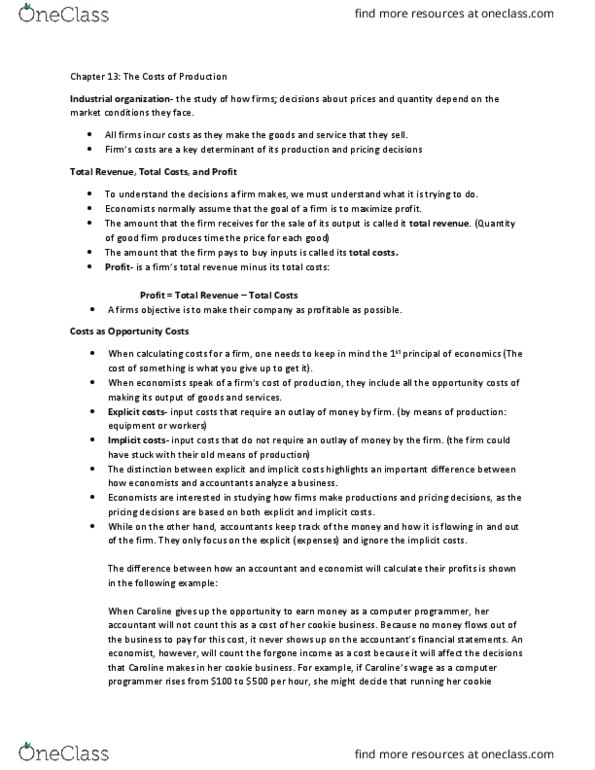 ECN 153 Chapter Notes - Chapter 13: Marginal Product, Production Function, Variable Cost thumbnail