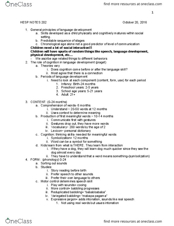 HESP 202 Lecture Notes - Lecture 11: Joint Attention, Jargon, Motor Control thumbnail