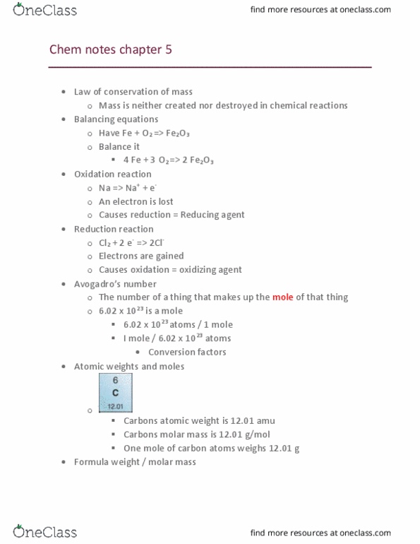 CH 104 Lecture Notes - Lecture 5: Molar Mass, Iron(Ii) Sulfate, Reducing Agent thumbnail