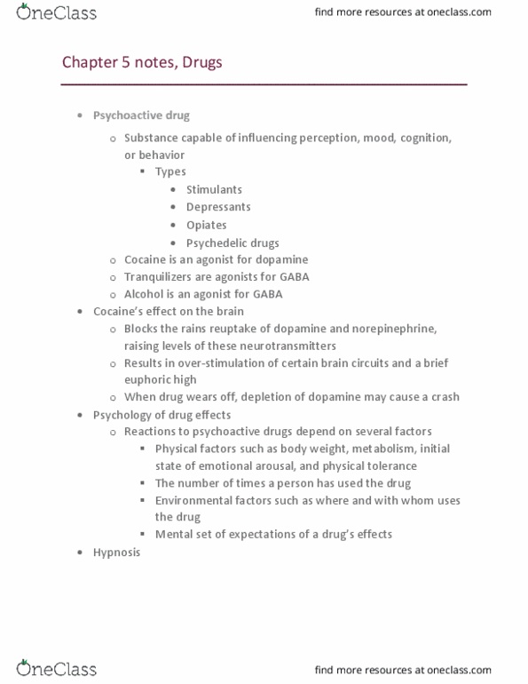 PY 105 Lecture Notes - Lecture 5: Psychoactive Drug, Psychedelic Drug, Reuptake thumbnail