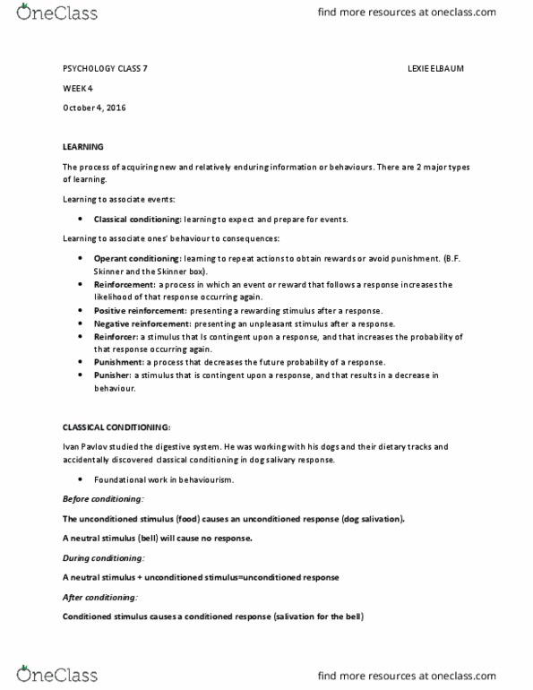 PSYC 1000 Lecture Notes - Lecture 7: Conditioned Taste Aversion, Nucleus Accumbens, Operant Conditioning Chamber thumbnail