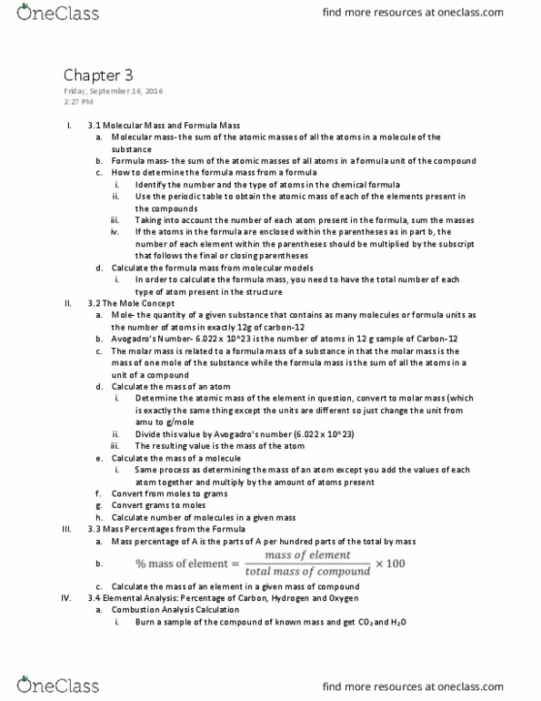 CHEM 107 Chapter Notes - Chapter 3: Molar Mass, Formula Unit, Molecular Mass thumbnail