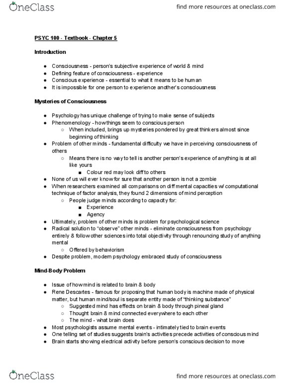 PSYC 100 Chapter Notes - Chapter 5: Trismus, Hallucinogen, Memory Consolidation thumbnail