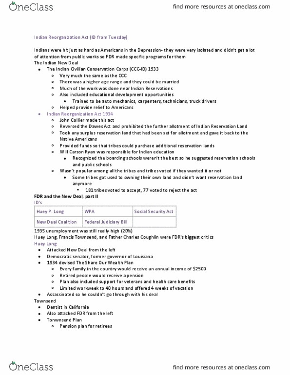 HIST 1311 Lecture Notes - Lecture 13: New Deal Coalition, Social Darwinism, Second New Deal thumbnail