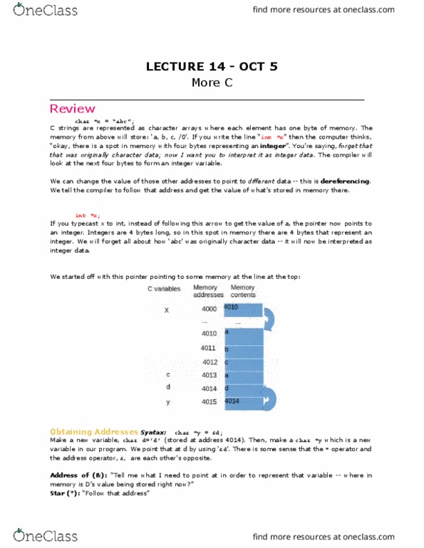 COMP 206 Lecture Notes - Lecture 15: Dereference Operator, Infinite Loop, In C thumbnail