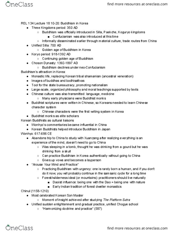 REL 134xg Lecture Notes - Lecture 18: Platform Sutra, Taoism, Jinul thumbnail