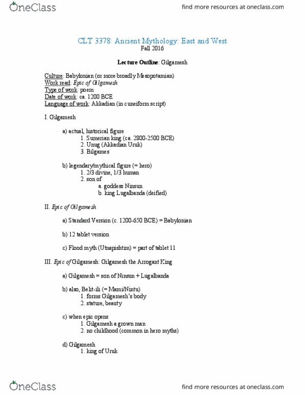 CLT-3378 Lecture Notes - Lecture 8: Lugalbanda, Enkidu, Katabasis thumbnail