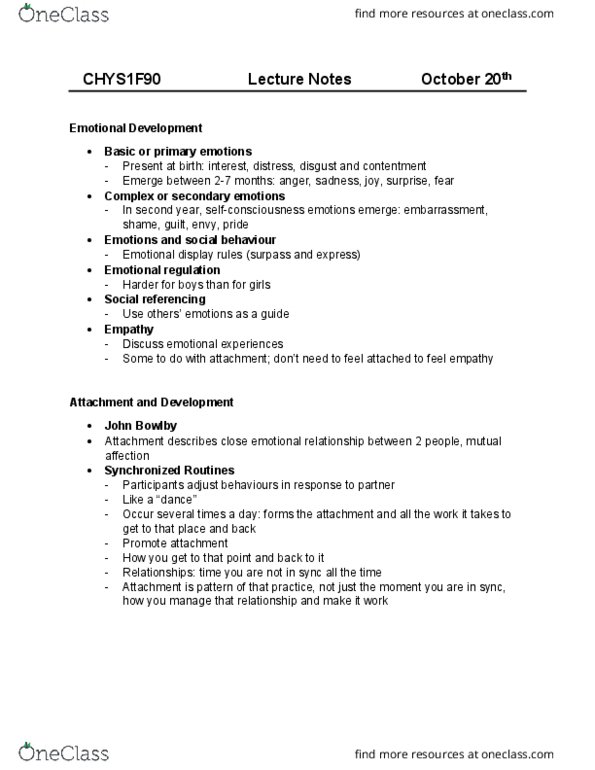 CHYS 1F90 Lecture Notes - Lecture 6: Dazed, Self Esteem (Song), John Bowlby thumbnail