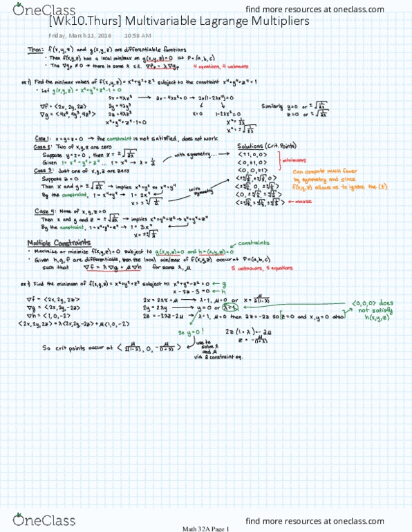 MATH 32A Lecture 10: [Wk10.Fri] Multivariable Lagrange Multipliers thumbnail