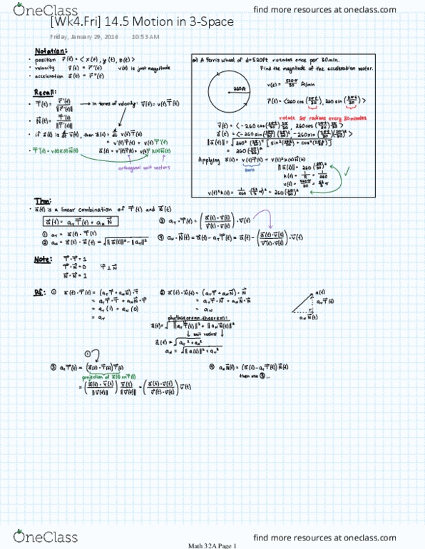 MATH 32A Lecture 4: [Wk4.Fri] 14.5 Motion in 3-Space thumbnail