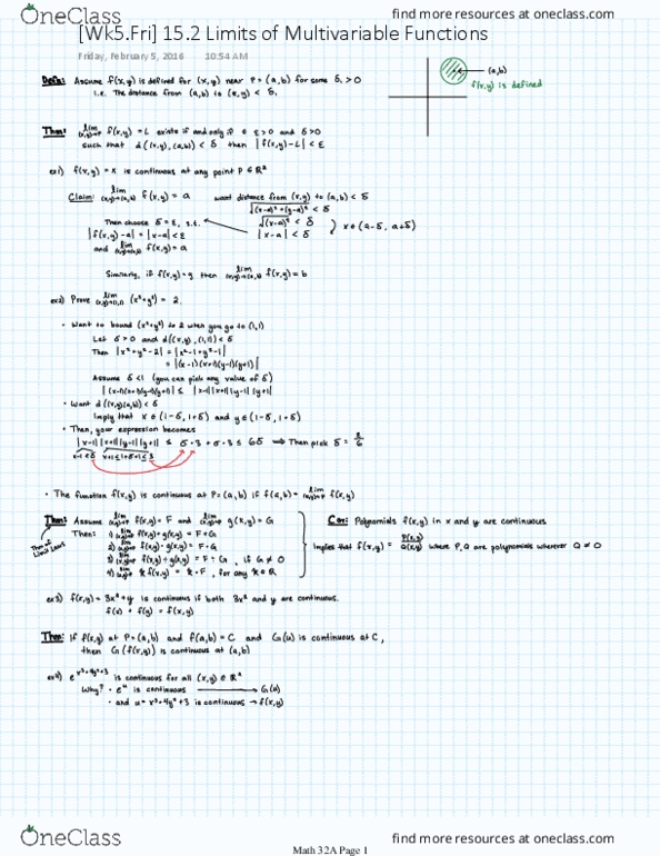 MATH 32A Lecture 5: [Wk5.Fri] 15.2 Limits of Multivariable Functions thumbnail