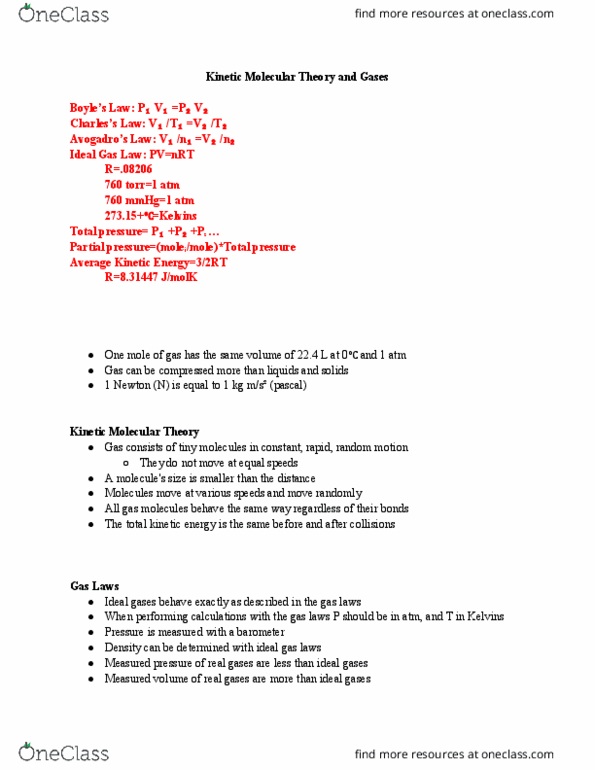 CHEM 103 Lecture Notes - Lecture 10: Kinetic Theory Of Gases, Ideal Gas Law, Gas Laws thumbnail
