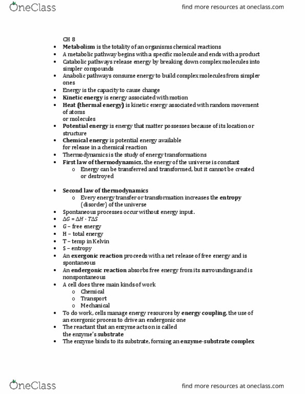 BSC-2010 Lecture Notes - Lecture 6: Exergonic Reaction, Metabolic Pathway, Chemical Energy thumbnail