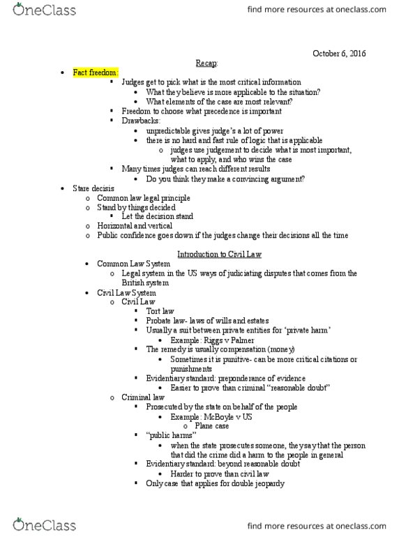 POLS 245 Lecture Notes - Lecture 4: Precedent, Probate, Personal Injury thumbnail