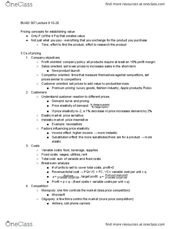 BUAD 307 Lecture Notes - Lecture 9: Premium Pricing, Rolex, Profit Margin thumbnail