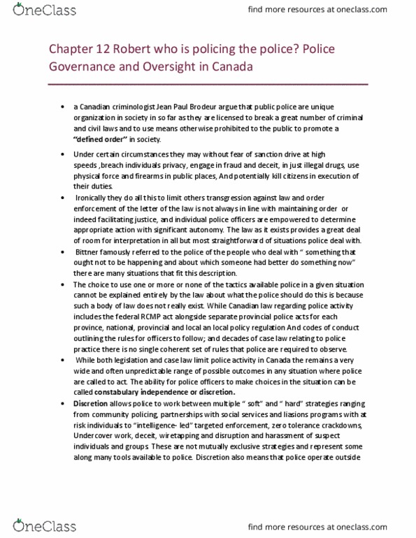 CRI210H1 Chapter Notes - Chapter 12: Police Misconduct, Ordnungspolizei, Public Safety Canada thumbnail