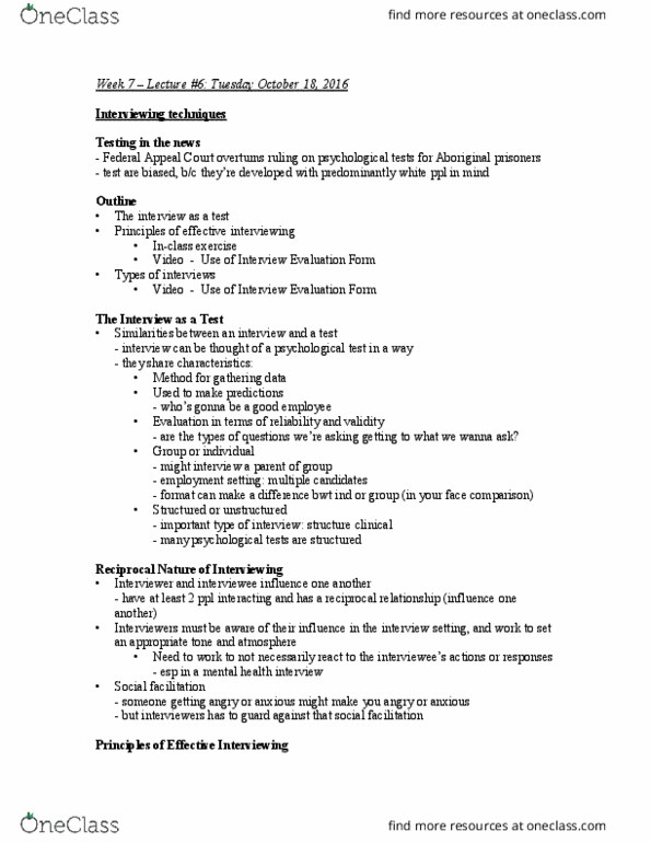 PSYC37H3 Lecture Notes - Lecture 6: Mental Status Examination, Psychological Testing, Personality Test thumbnail