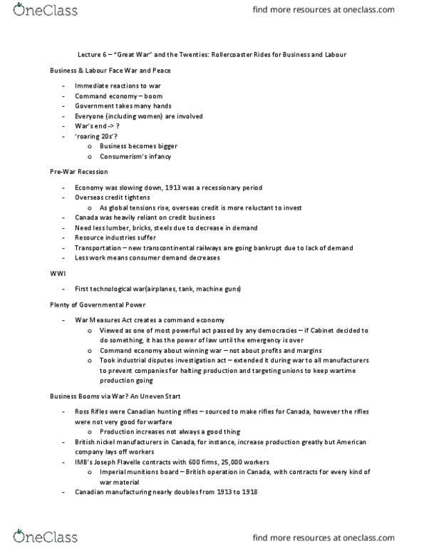 History 2120A/B Lecture Notes - Lecture 6: Imperial Munitions Board, War Measures Act, War Command thumbnail