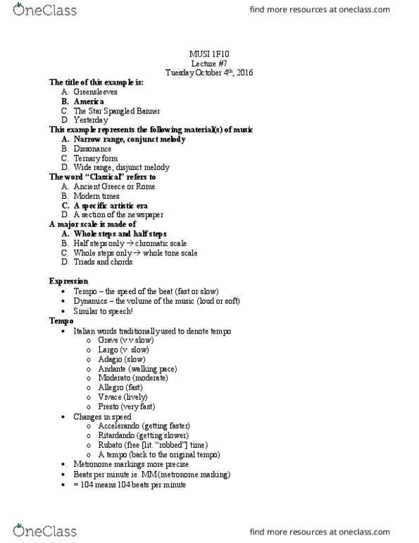 MUSI 1F10 Lecture Notes - Lecture 7: Chromatic Scale, Accelerando, Ternary Form thumbnail