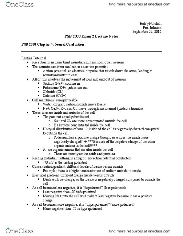 PSB-2000 Lecture Notes - Lecture 4: Axon Hillock, Resting Potential, Cell Membrane thumbnail