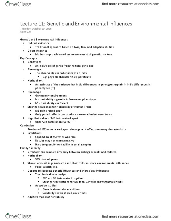 PSY230H5 Lecture Notes - Lecture 11: Twin Study, Heritability, Assortative Mating thumbnail