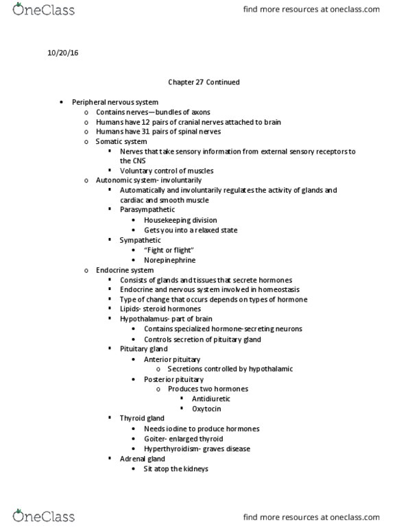 BIO-1201 Lecture Notes - Lecture 15: Posterior Pituitary, Anterior Pituitary, Peripheral Nervous System thumbnail