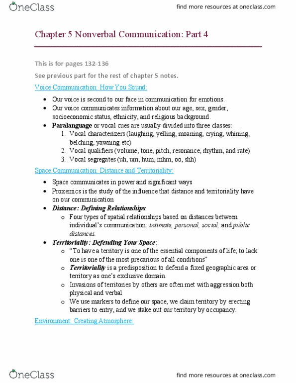 CMST 192 Chapter Notes - Chapter 5: Burping, Nonverbal Communication, Paralanguage thumbnail