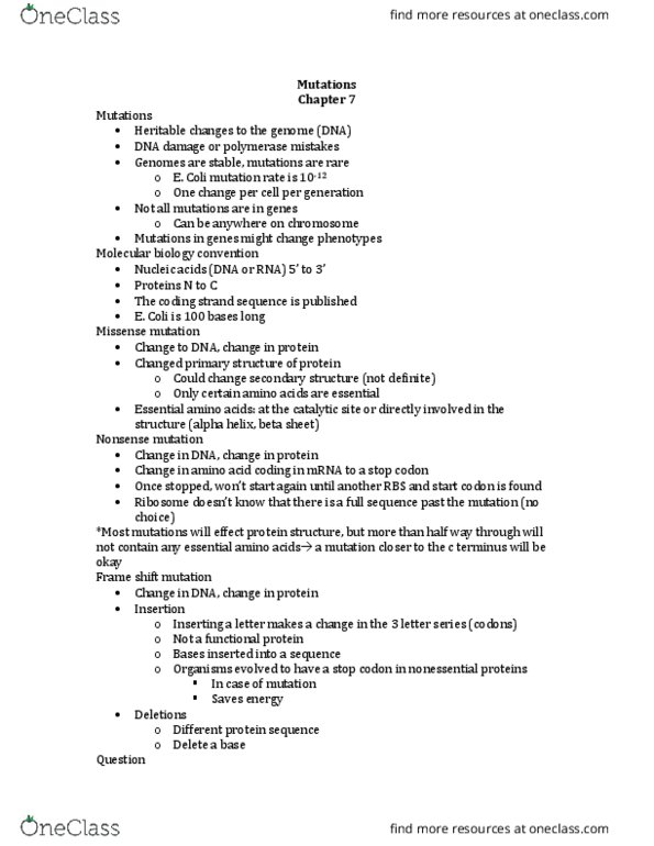 BSCI 223 Lecture Notes - Lecture 15: Missense Mutation, Nonsense Mutation, Silent Mutation thumbnail