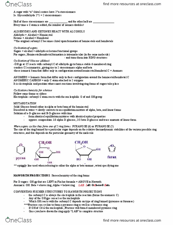 BIOC 2580 Lecture Notes - Lecture 4: Hemiacetal, Stereoisomerism, Aldose thumbnail