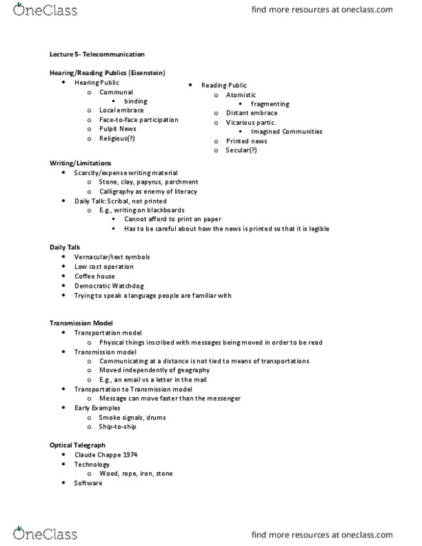 Media, Information and Technoculture 2000F/G Lecture Notes - Lecture 5: Claude Chappe, Samuel Morse, Electrical Telegraph thumbnail