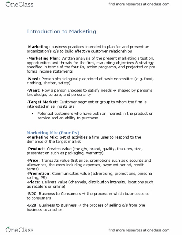 BU352 Lecture Notes - Lecture 1: Pro Forma, Marketing Mix, Retail thumbnail