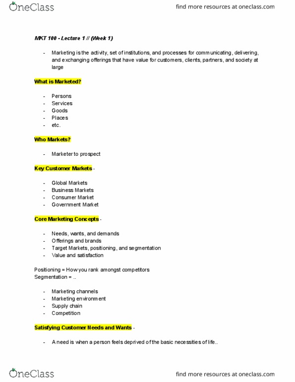 MKT 100 Lecture Notes - Lecture 1: Customer Relationship Management, Relationship Marketing, Sales Promotion thumbnail