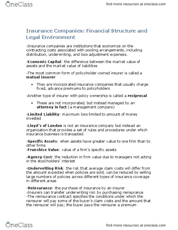 BU353 Lecture Notes - Lecture 4: Reinsurance Treaty, Enterprise Risk Management, Reinsurance thumbnail