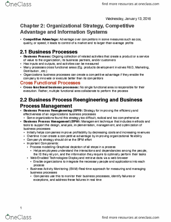 ADMS 2511 Lecture 2: Chapter 2- Organizational Strategy%2c Competitive Advantage and Information Systems thumbnail