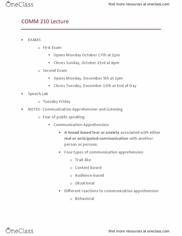 COMM 210 Lecture Notes - Lecture 1: Communication Apprehension, Systematic Desensitization, Cognitive Restructuring thumbnail