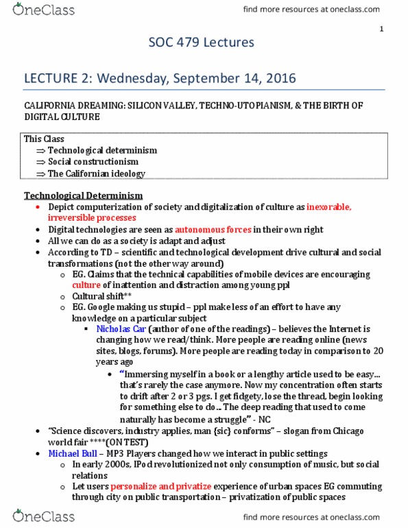 SOC 479 Lecture Notes - Lecture 1: User-Generated Content, The Californian Ideology, Participatory Culture thumbnail